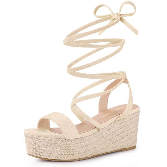 Allegra K Shoes - Women's Lace Up Wedge Heel Platform Slingback Strappy Sandals Beige